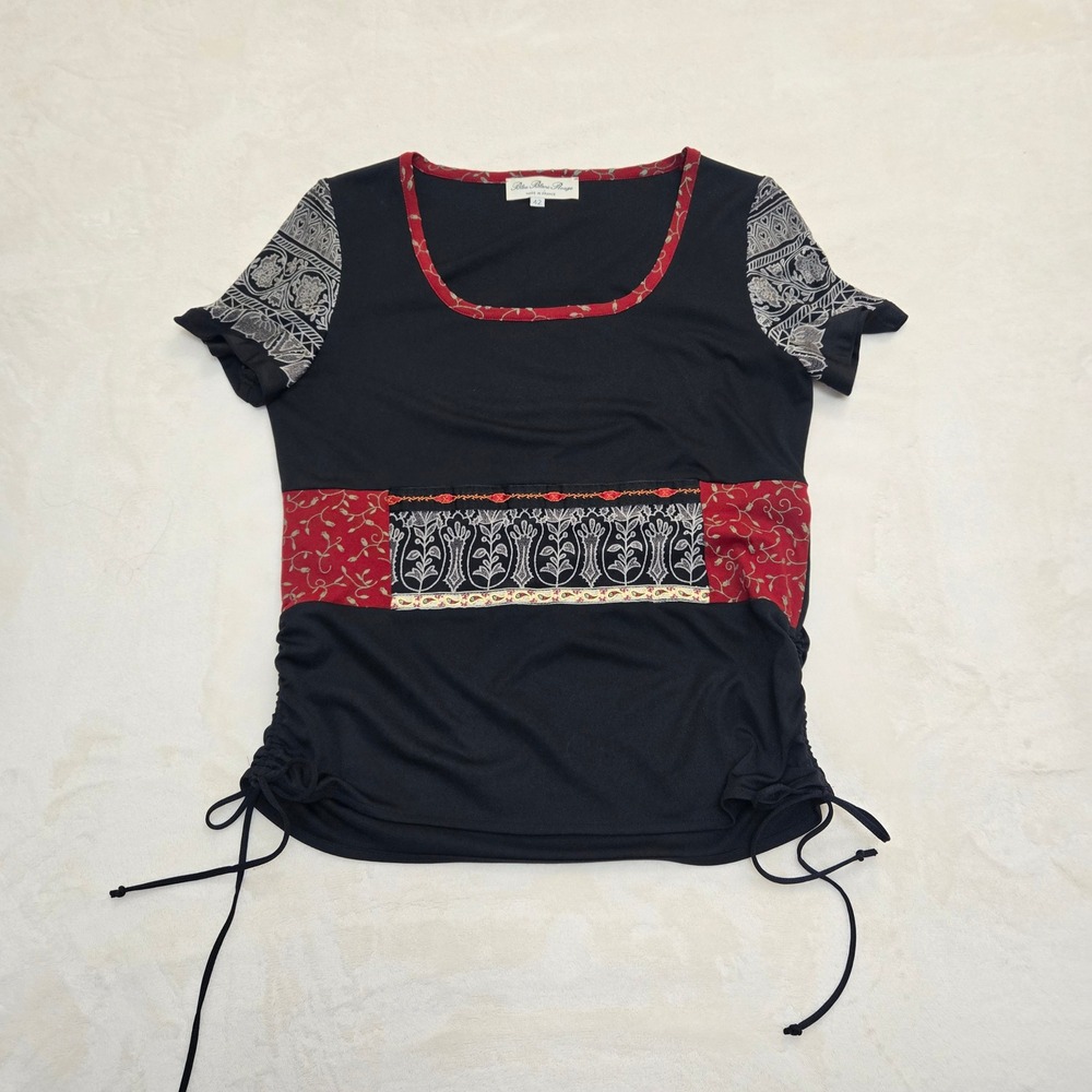 Bleu Blanc Rouge France Black Red Mixed Print Ruched Side Top Size 42 Womens